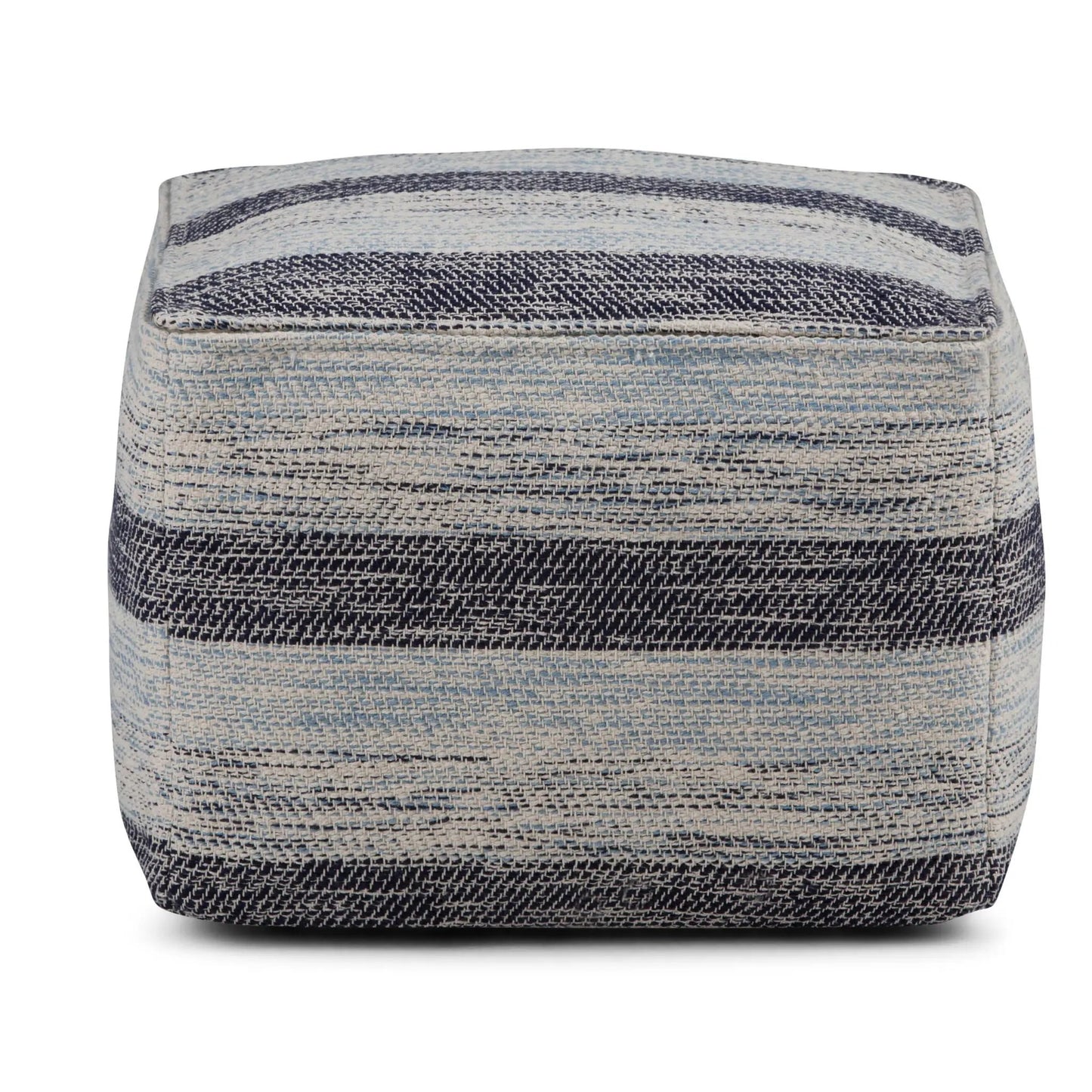 Clay Square Pouf upholstered in blue striped woven fabric, accent pouf on Tampa Home & Garden Store