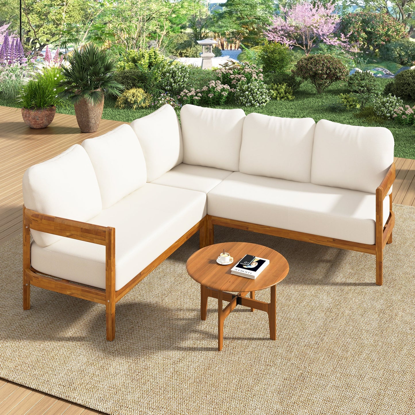 U_Style Acacia solid wood outdoor sofa set with cream cushions and two round coffee tables on Tampa Home & Garden Store