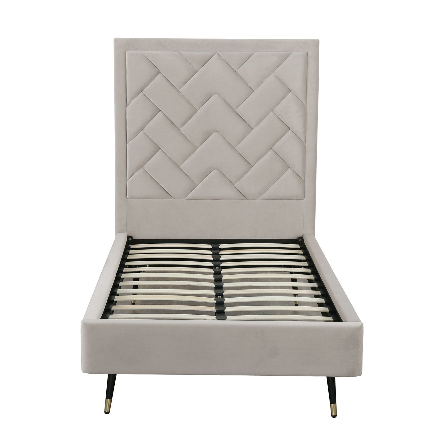 Crosby upholstered bed with a diamond-tufted headboard and slatted base in light gray fabric on Tampa Home & Garden Store