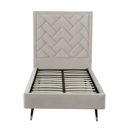 Crosby upholstered bed with a diamond-tufted headboard and slatted base in light gray fabric on Tampa Home & Garden Store