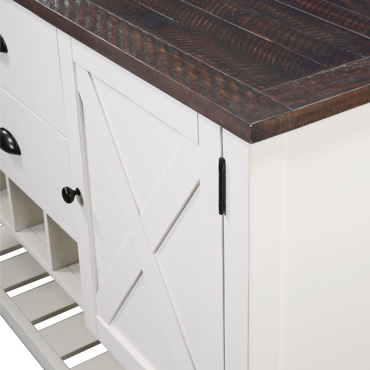 2 Drawer Server with dark brown butcher-block top over white cabinet base; diagonal panel doors on Tampa Home & Garden Store