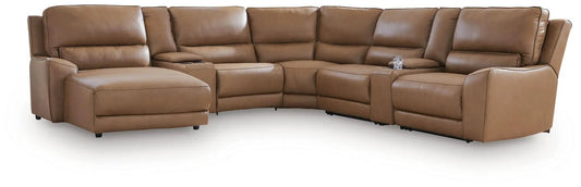 DeepWakes power reclining sectional in tan leather curved six-seat configuration on Tampa Home & Garden Store