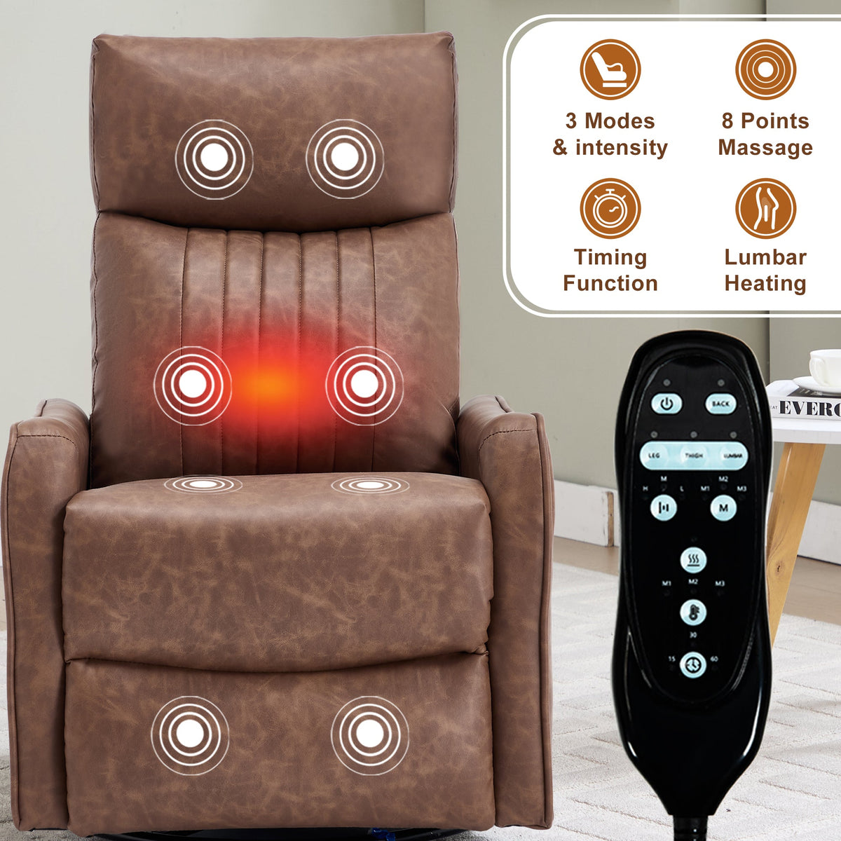 Brown heat massage manual recliner chair with remote control on Tampa Home & Garden Store
