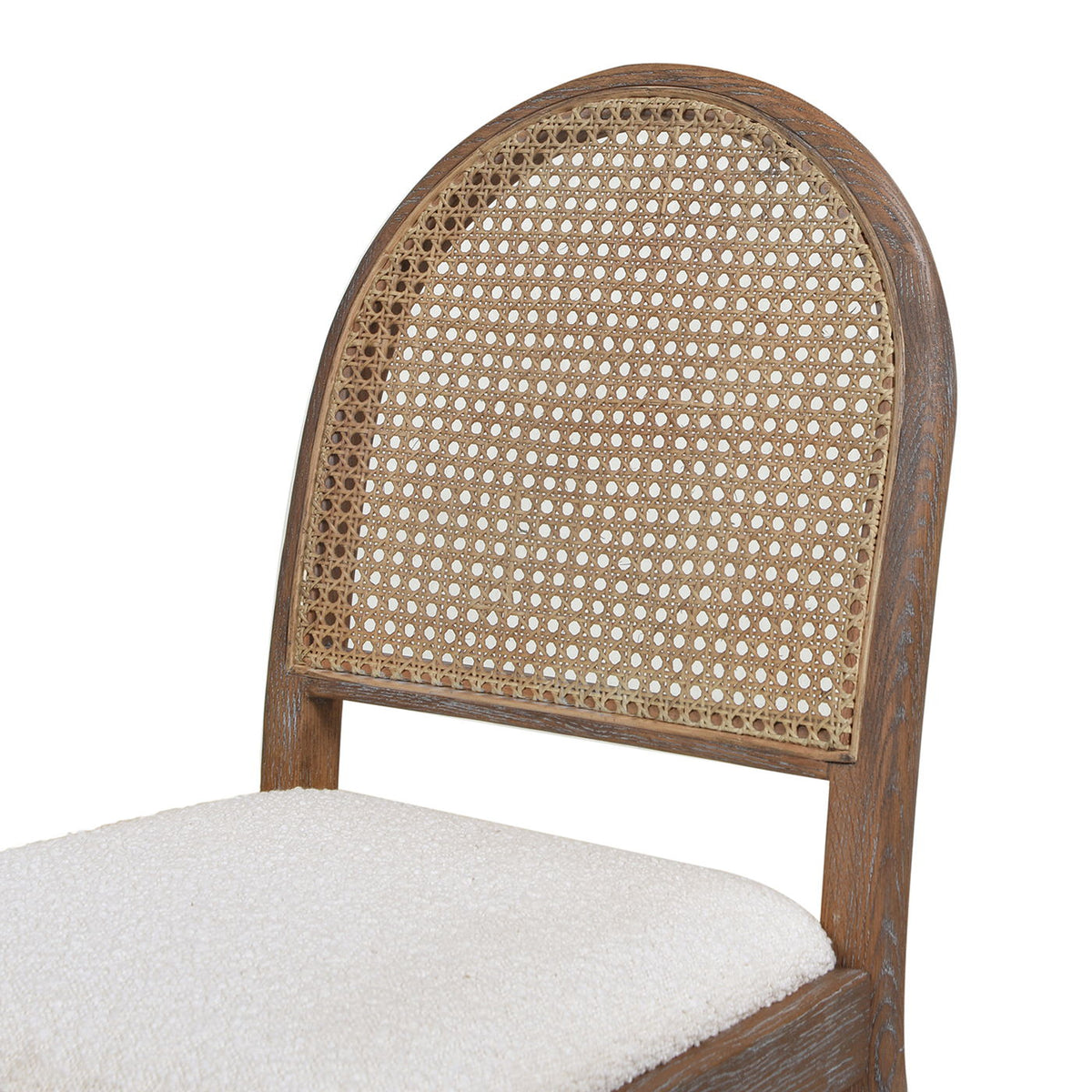 Curved Cane Dining Chair with cane back, dark brown wood frame, beige upholstered seat on Tampa Home & Garden Store