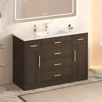 Bathroom vanity with soft close drawers in dark wood, white top, gold handles HouseOfZazla on Tampa Home & Garden Store