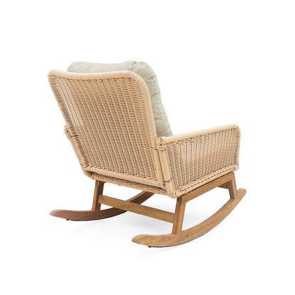 Contemporary minimalist wicker rocking chair with soft beige cushions and a wooden frame on Tampa Home & Garden Store