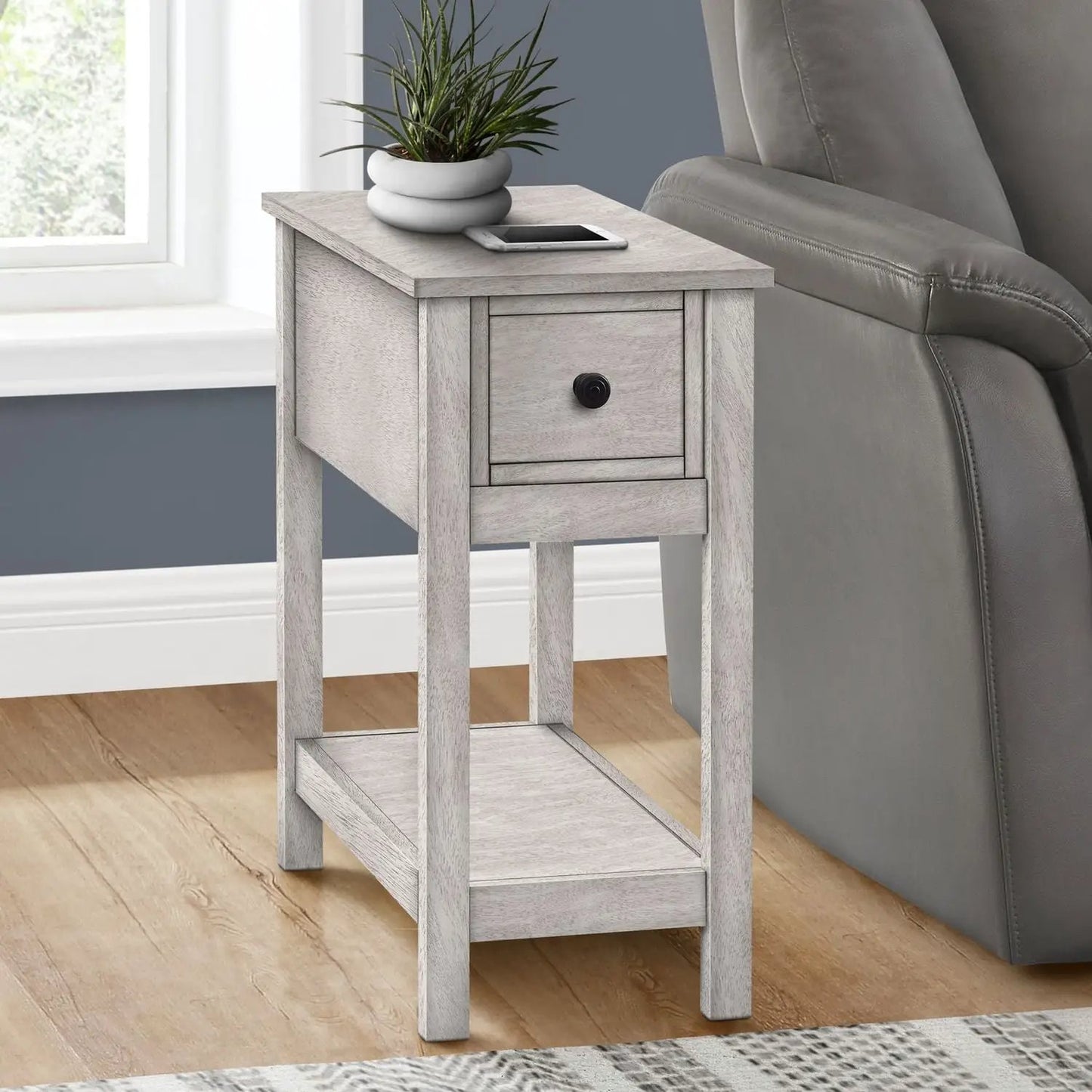 Accent End Table narrow two-tier light-washed gray wood with storage drawer and black knob on Tampa Home & Garden Store