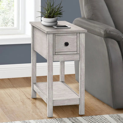 Accent End Table narrow two-tier light-washed gray wood with storage drawer and black knob on Tampa Home & Garden Store