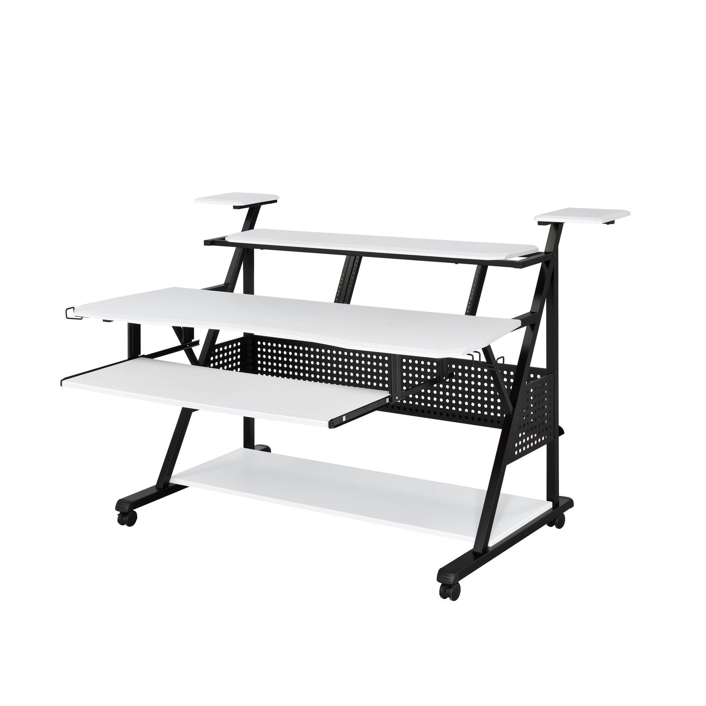 Willow Versatile Music Desk by HouseOfZazla, white surface, black frame, shelving on Tampa Home & Garden Store