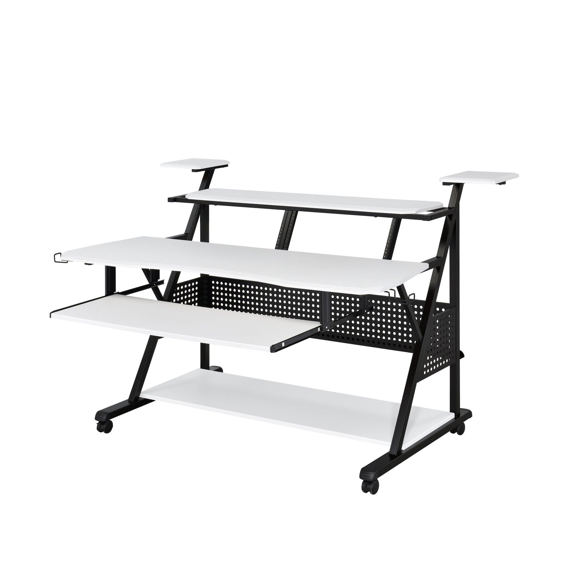 Willow Versatile Music Desk by HouseOfZazla, white surface, black frame, shelving on Tampa Home & Garden Store