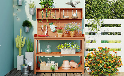 TOPMAX 65' Wooden Farmhouse Rustic Outdoor Potting Bench by HouseOfZazla with shelves and tools on Tampa Home & Garden Store