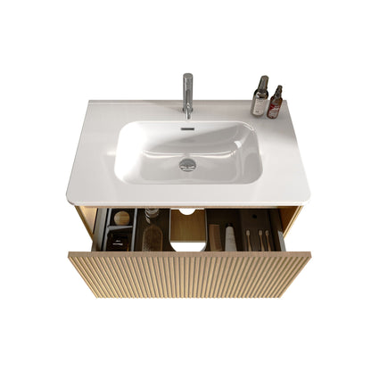 Striped bathroom vanity with ceramic sink, wall-mounted floating, curved edges, chrome faucet on Tampa Home & Garden Store