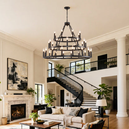 39.37 Inch 3-Tier Wagon Wheel Chandelier by HouseOfZazla in black metal with candle bulbs on Tampa Home & Garden Store