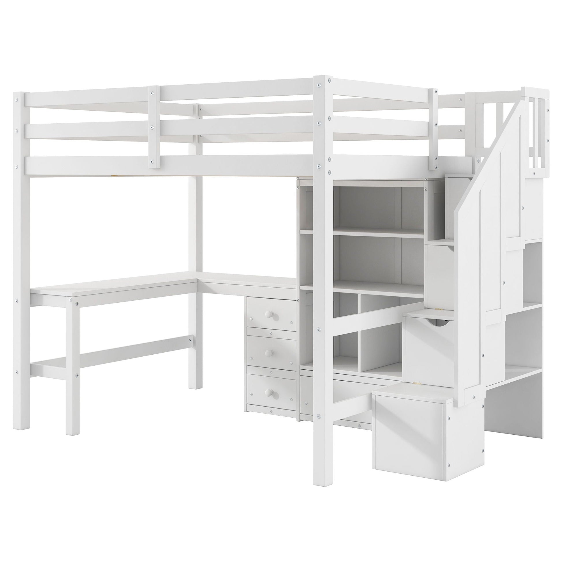 White loft bed with built-in L-shaped desk, drawers and storage staircase by HouseOfZazla on Tampa Home & Garden Store