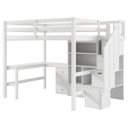 White loft bed with built-in L-shaped desk, drawers and storage staircase by HouseOfZazla on Tampa Home & Garden Store