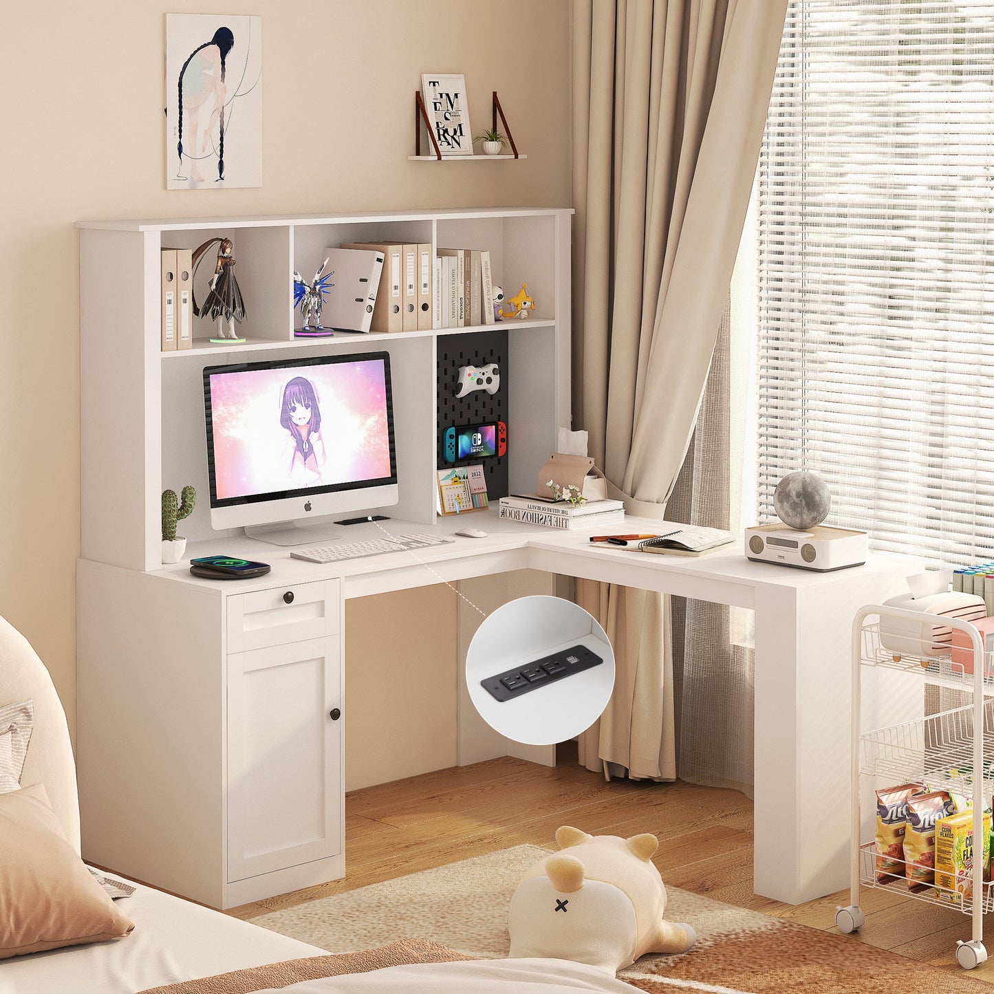Corner gaming computer desk with socket, drawers, bookshelf and writing desk, modern L-shaped learning desk with storage space - Tampa Home & Garden Store