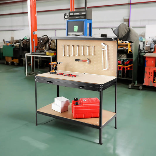 63 Inch Tools Cabinet Workbench with Pegboard, black steel frame, wood top and pegboard tools on Tampa Home & Garden Store