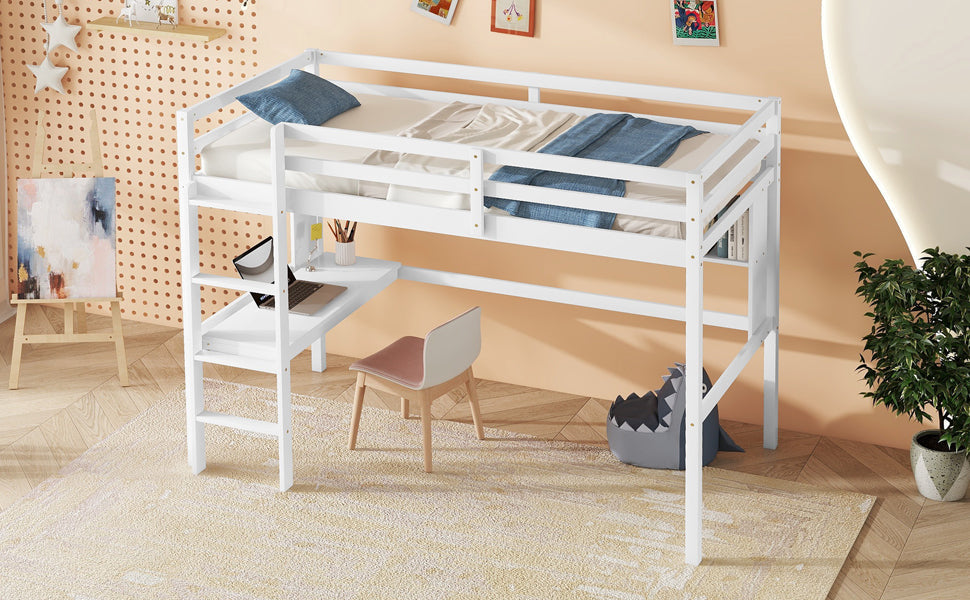 Twin Loft Bed with built-in desk and bookcase of three compartments, Guardrails and Ladder,White - Tampa Home & Garden Store