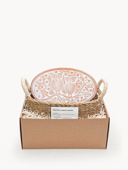 Bread Warmer & Basket Owl Oval by KORISSA; terracotta ceramic warmer with owl motif in a basket on Tampa Home & Garden Store