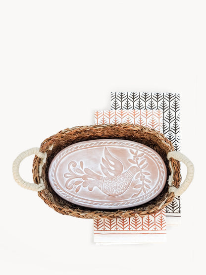 Set de regalo de calentador de pan y cesta con paño de cocina - Pájaro ovalado