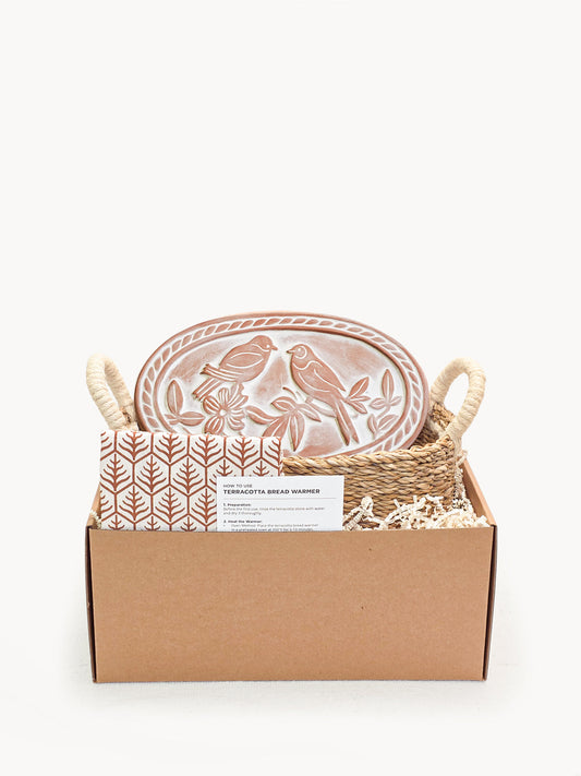 Set de regalo de cesta y calentador de pan con paño de cocina - Lovebird Oval