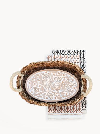 KORISSA Bread Warmer & Basket Gift Set Owl Oval with ceramic warmer dish, woven basket, towel on Tampa Home & Garden Store
