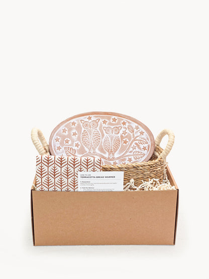Bread Warmer & Basket Gift Set with Owl Oval platter in terracotta tones, jute handles by KORISSA on Tampa Home & Garden Store