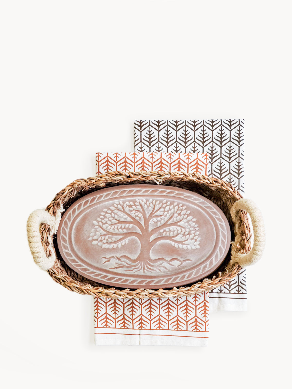 Coffret cadeau chauffe-pain et panier avec torchon - Arbre de vie ovale