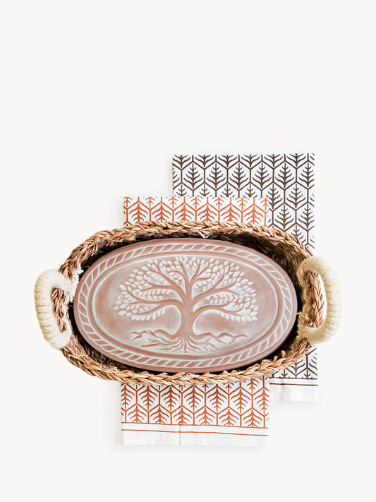 Coffret cadeau chauffe-pain et panier avec torchon - Arbre de vie ovale