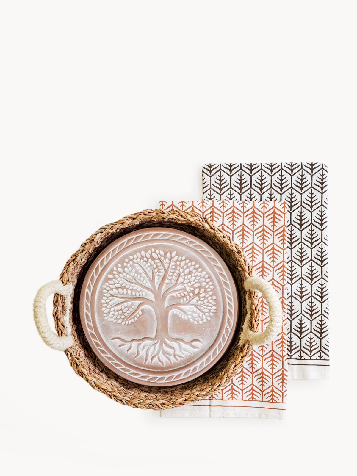 Coffret cadeau chauffe-pain et panier avec torchon - Arbre de vie rond