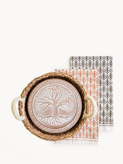 Coffret cadeau chauffe-pain et panier avec torchon - Arbre de vie rond