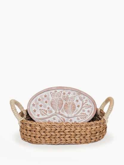 Bread Warmer & Basket Owl Oval by KORISSA, oval ceramic plate in a woven natural basket on Tampa Home & Garden Store