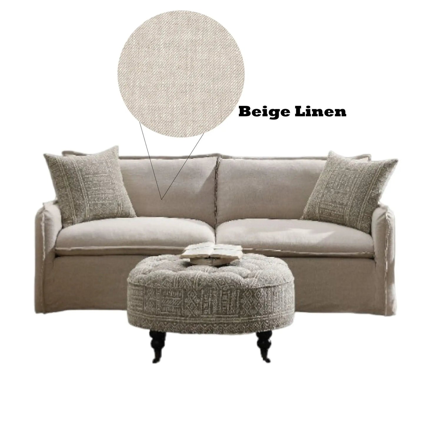 Upendo beige pattern linen stationary sofa with 2 toss pillows and a round textured ottoman on Tampa Home & Garden Store