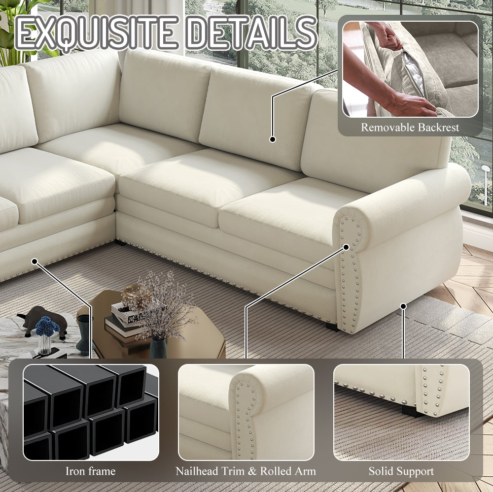 118in L-Shaped Convertible Sofa Bed cream upholstery with nailhead trim by HouseOfZazla on Tampa Home & Garden Store