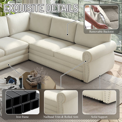 118in L-Shaped Convertible Sofa Bed cream upholstery with nailhead trim by HouseOfZazla on Tampa Home & Garden Store
