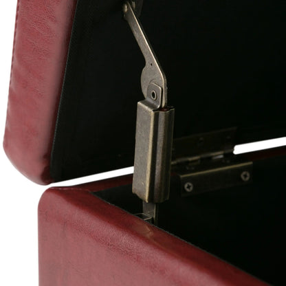 Avalon storage ottoman bench in red leather with metal hinge hardware on Tampa Home & Garden Store