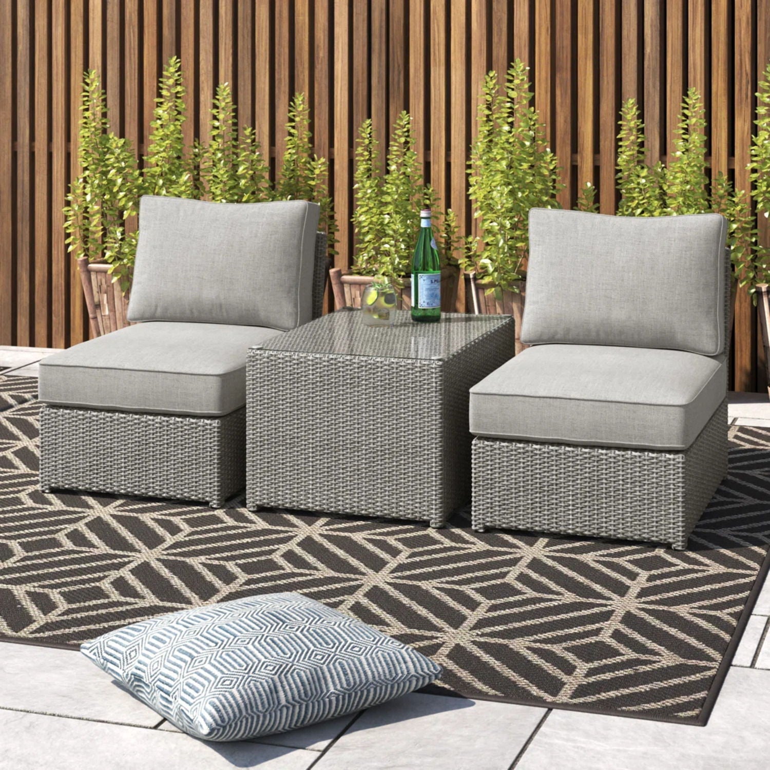 Modern Wicker Outdoor Seating Set With Cushions, 3-piece with 2 chairs and glass coffee table on Tampa Home & Garden Store
