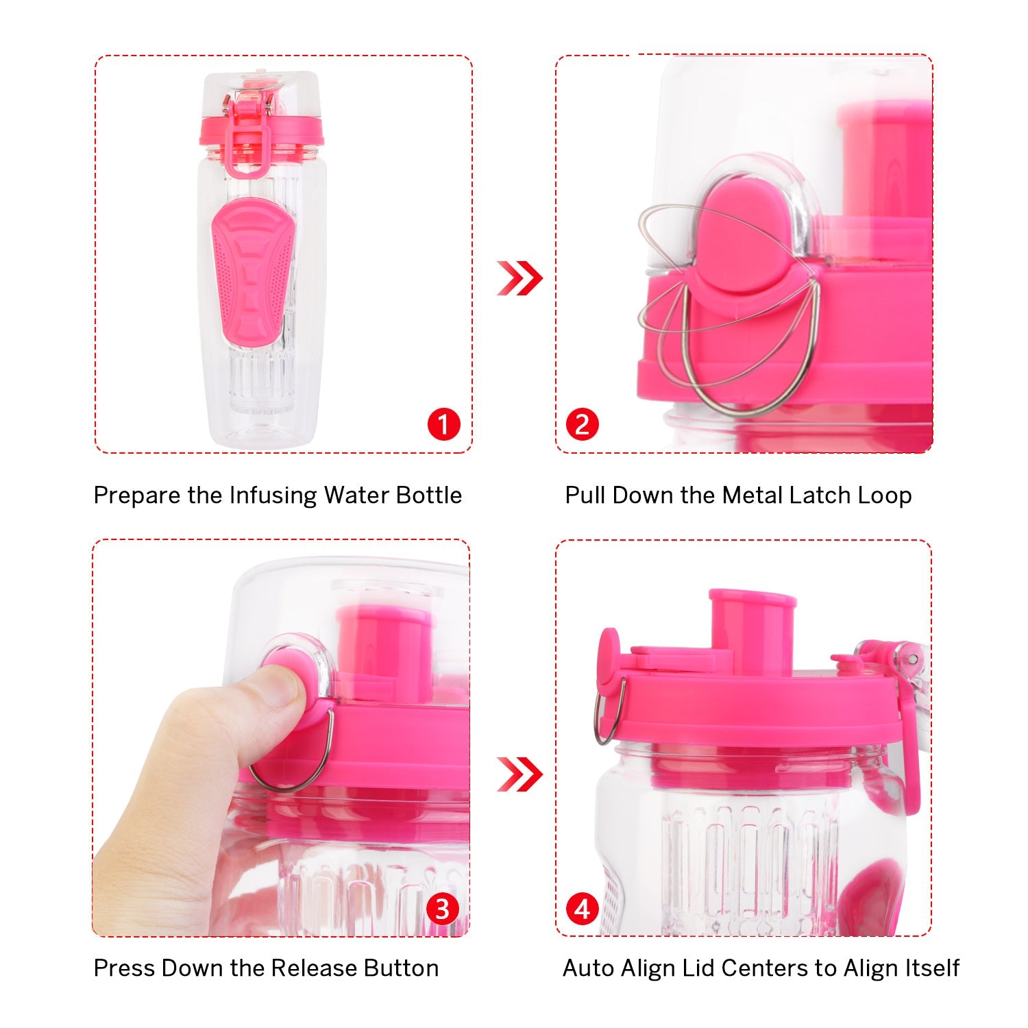 Fruit infuser water bottle GemGear pink 32 oz with flip-top lid and anti-slip grip shown panels on Tampa Home & Garden Store