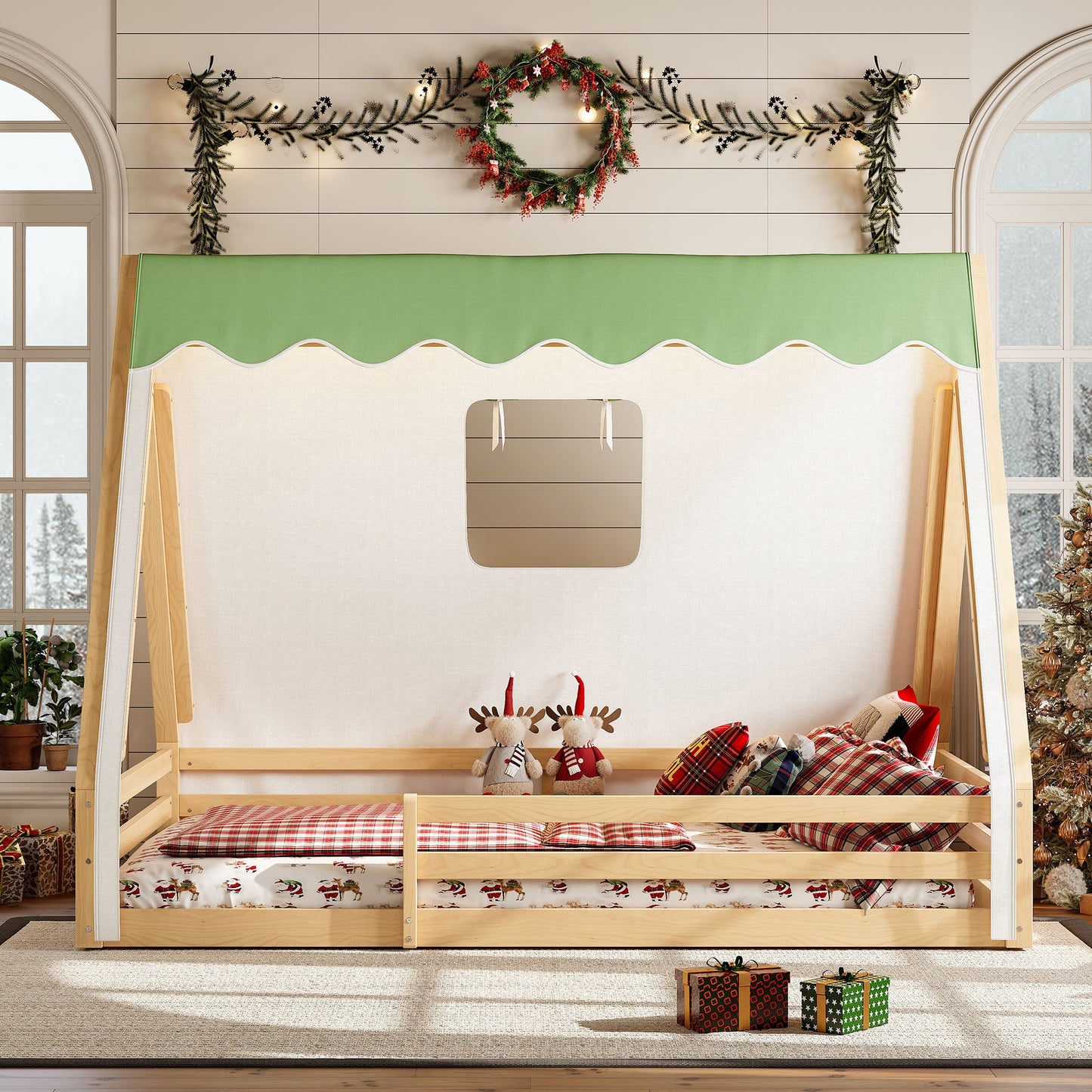 Full Size House Floor Bed with Tent and Light