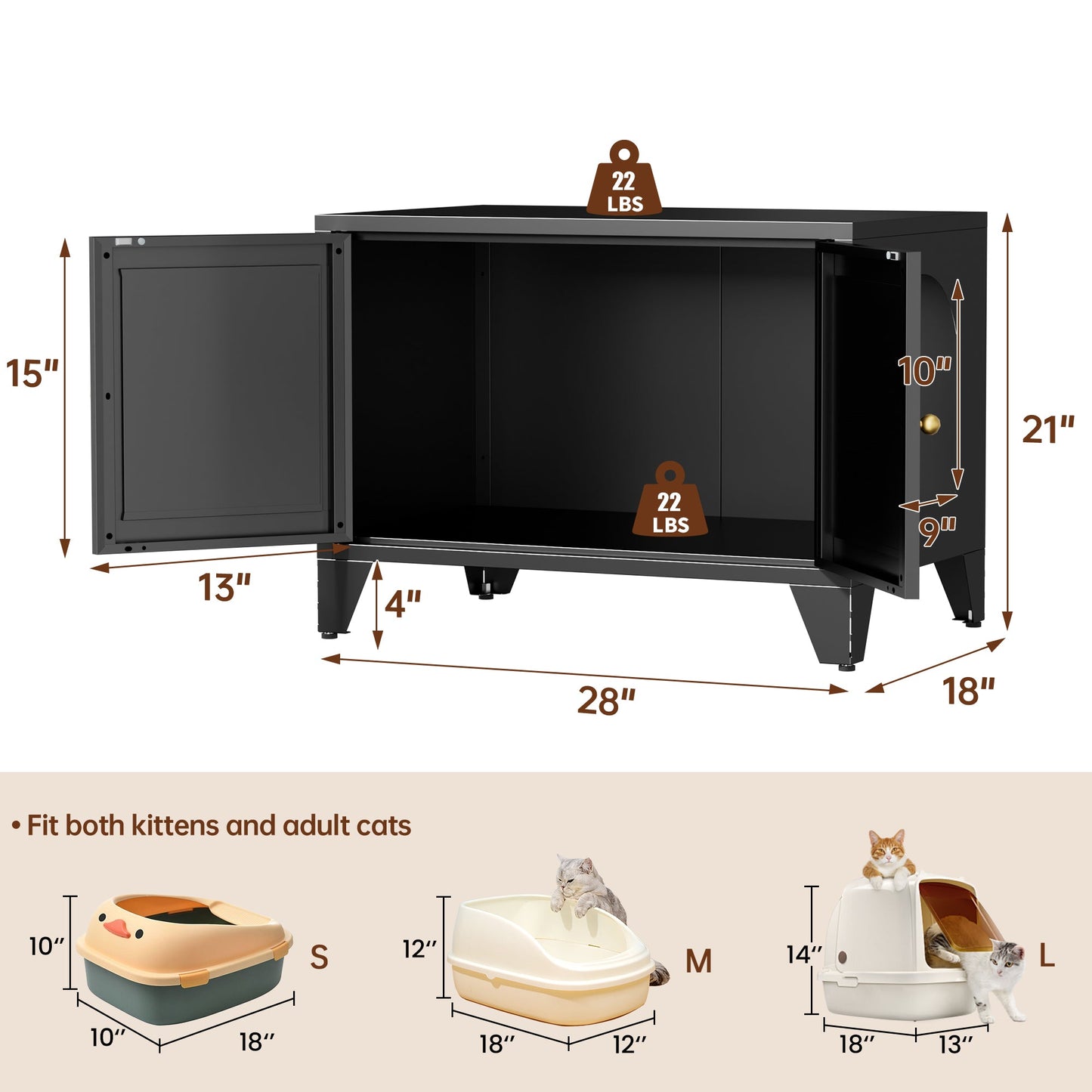 Metal cat litter box enclosure by HouseOfZazla in black steel with dual doors, 28in L x 18in W on Tampa Home & Garden Store