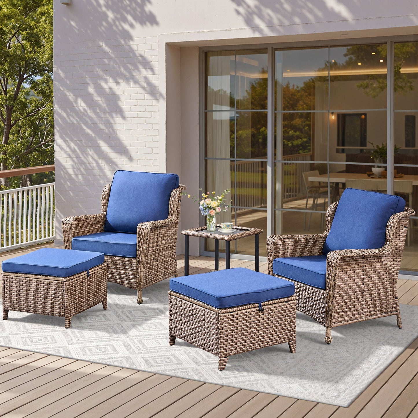 5-Piece Outdoor Lounge Chairs Set with Side Table and Ottomans blue cushions on wicker on Tampa Home & Garden Store