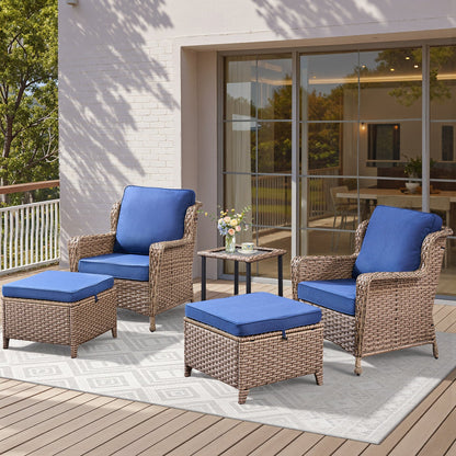 5-Piece Outdoor Lounge Chairs Set with Side Table and Ottomans blue cushions on wicker on Tampa Home & Garden Store