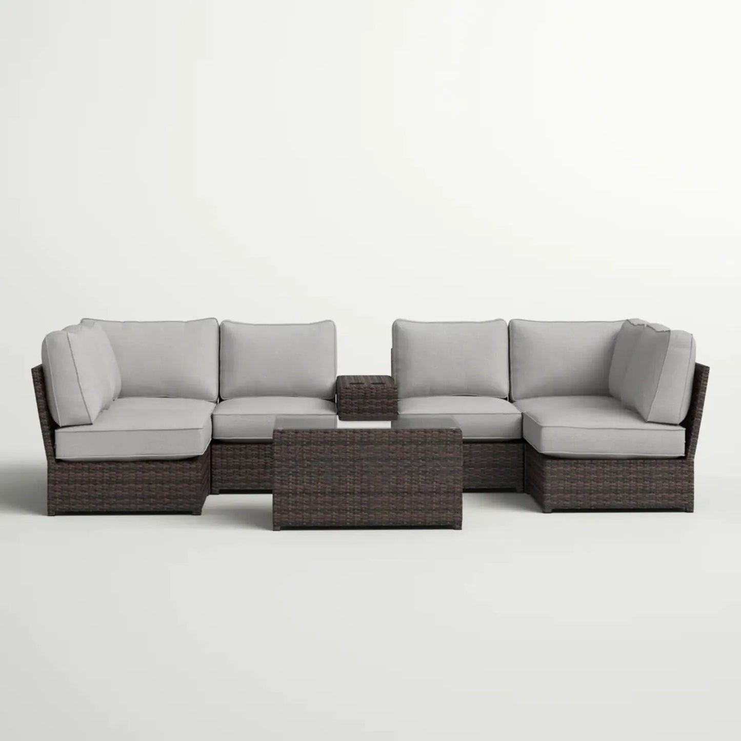 Stylish Wicker Patio Seating Group 4-piece set with dark brown wicker and gray cushions on Tampa Home & Garden Store