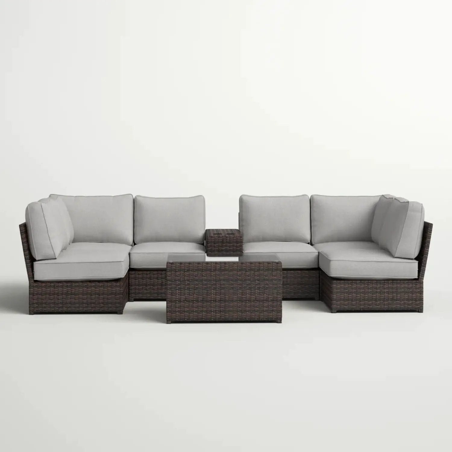 Stylish Wicker Patio Seating Group 4-piece set with dark brown wicker and gray cushions on Tampa Home & Garden Store