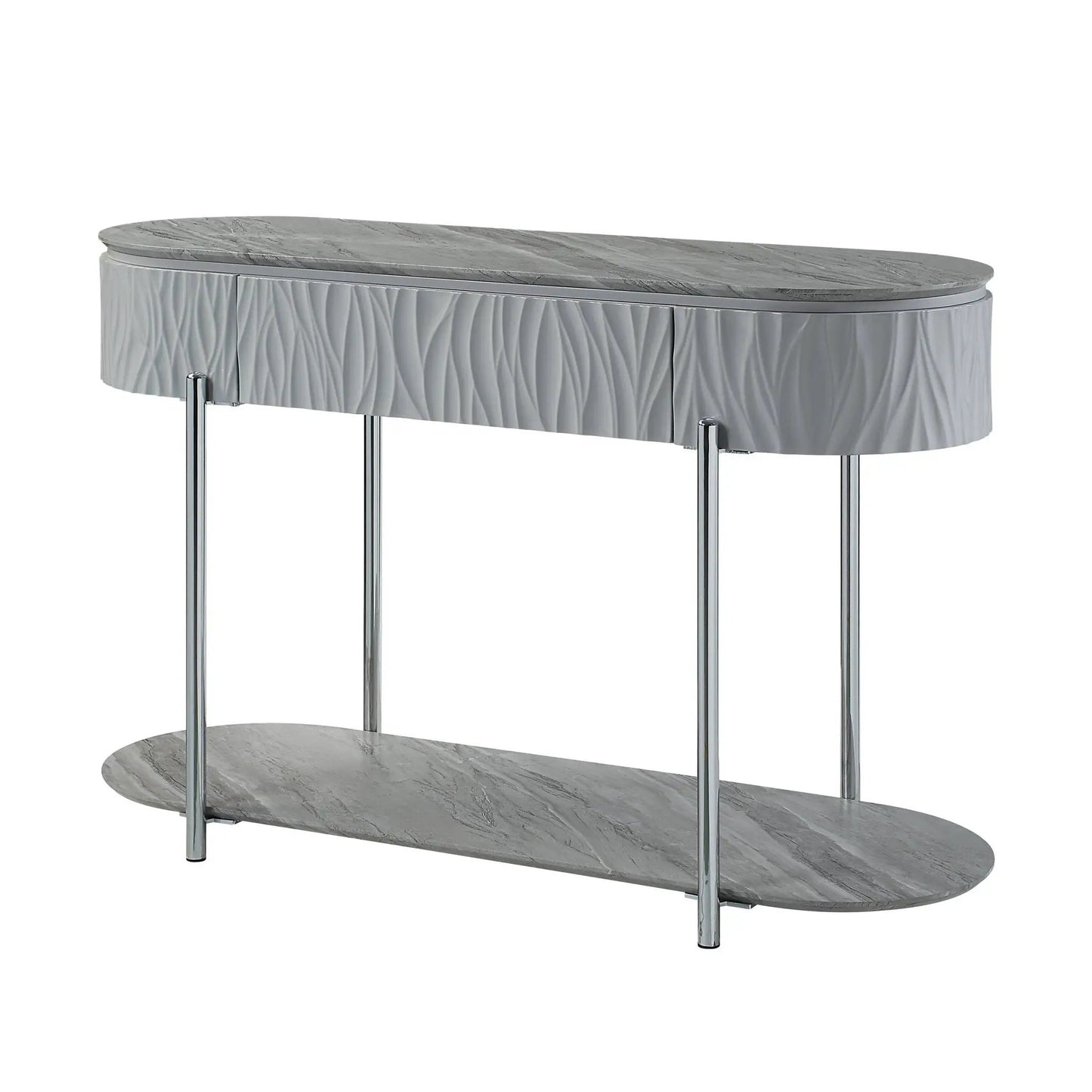 Yukino high gloss sofa table with gray marble top, ribbed silver fronts and chrome legs on Tampa Home & Garden Store