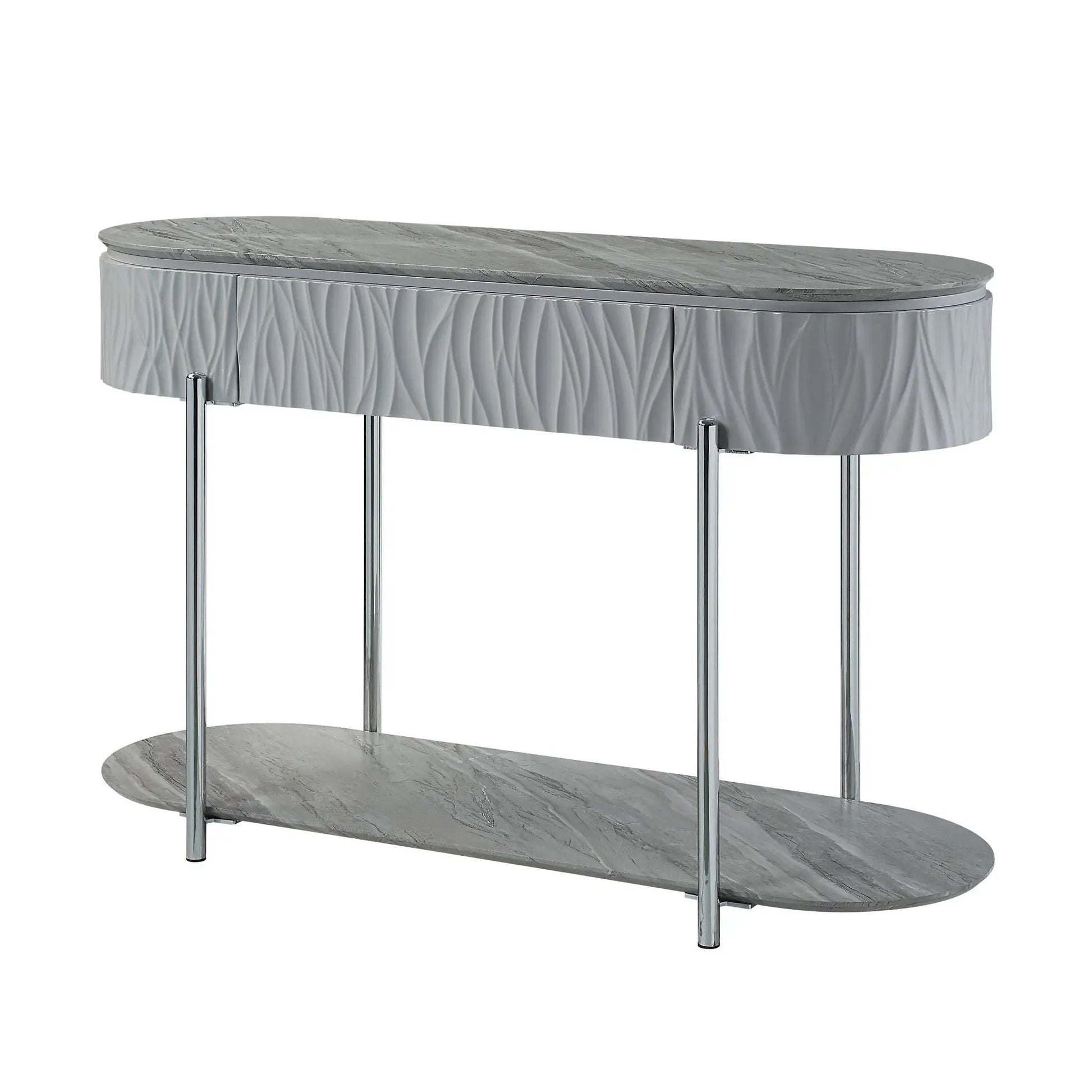 Yukino high gloss sofa table with gray marble top, ribbed silver fronts and chrome legs on Tampa Home & Garden Store