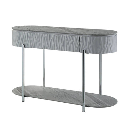 Yukino high gloss sofa table with gray marble top, ribbed silver fronts and chrome legs on Tampa Home & Garden Store