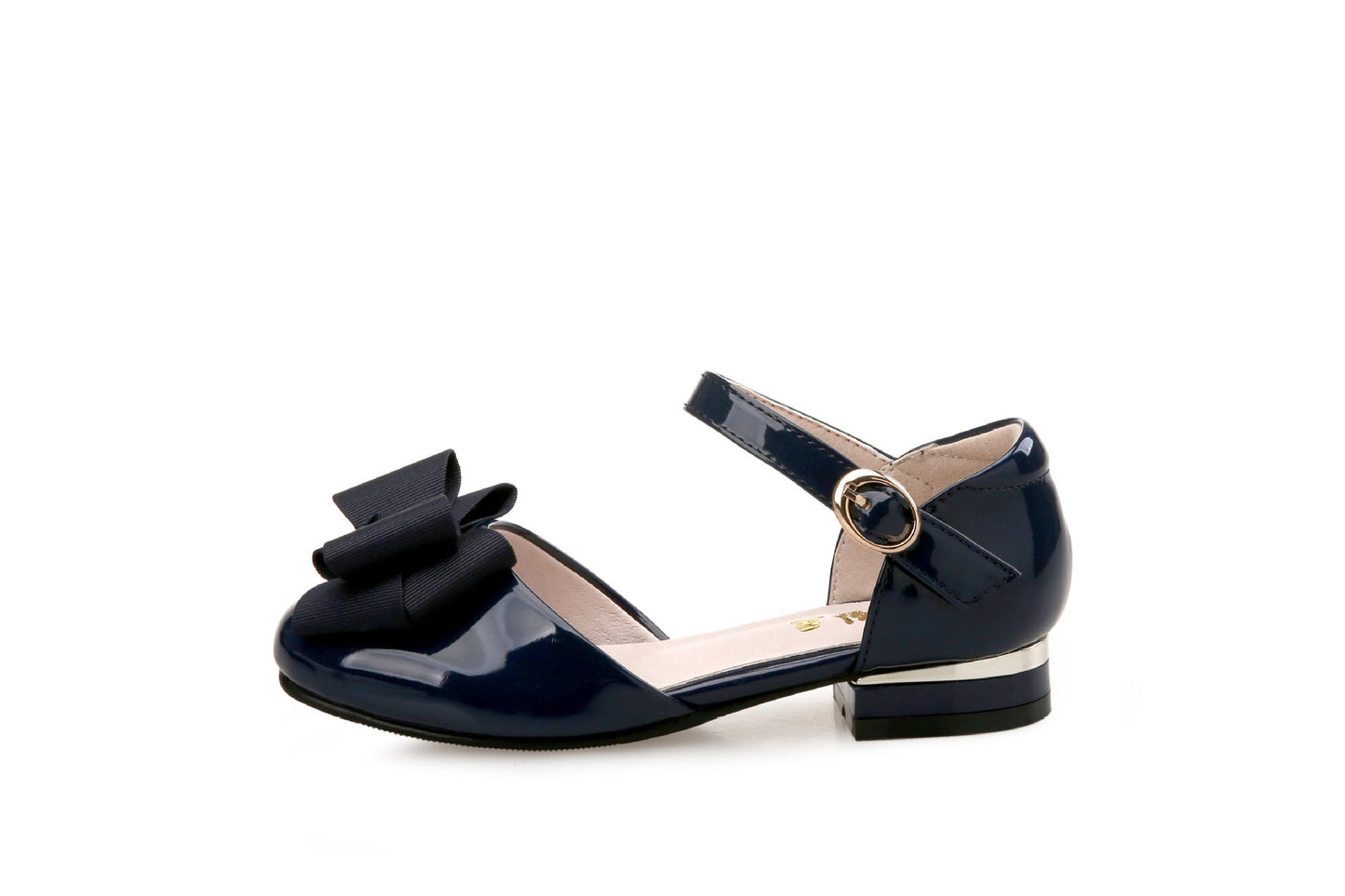 Pair of Big Kids' navy patent leather Mary Jane shoes with bow and buckled ankle strap on Tampa Home & Garden Store