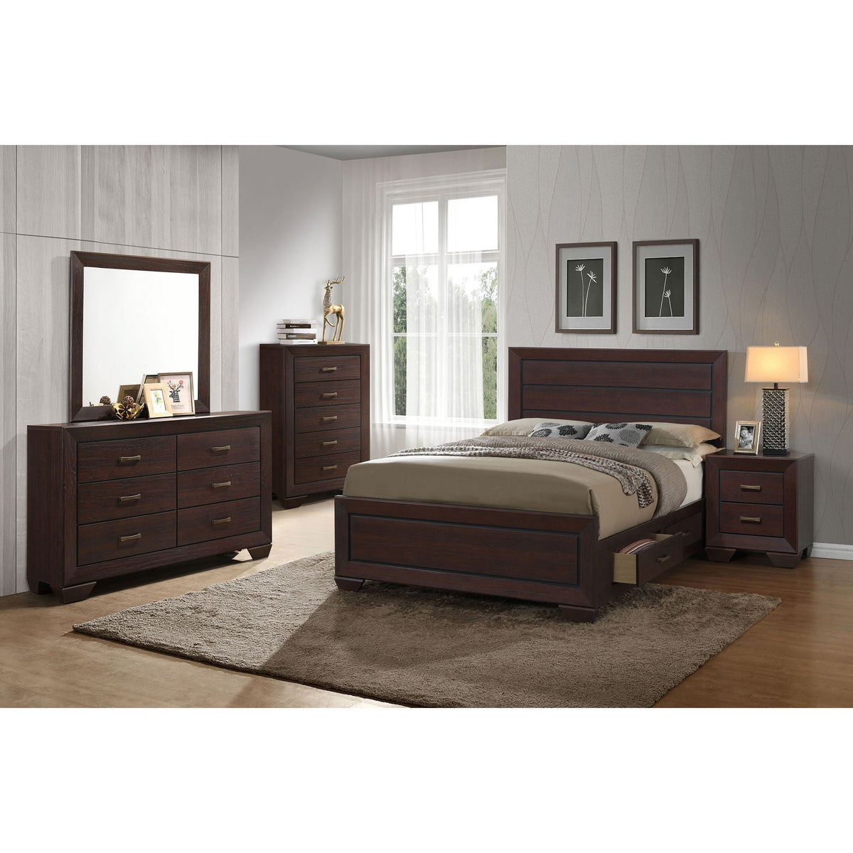 Holmgren Panel Bed with Side Drawers in dark espresso wood with matching dresser on Tampa Home & Garden Store