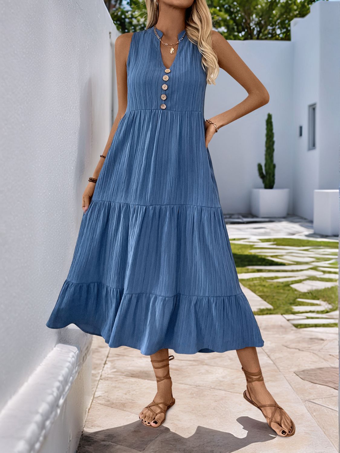 Stevvex dusty blue sleeveless button-front maxi dress with tiered skirt on Tampa Home & Garden Store